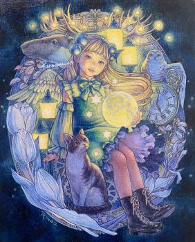 1girl absurdres bird blonde_hair boots cat commentary_request deer dress feathered_wings flower full_body grey_eyes highres holding_moon lantern light_smile looking_at_viewer moon oil_painting_(medium) original owl painting_(medium) pocket_watch ringodrawing solo traditional_media watch wings