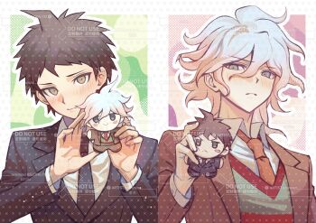 Rule 34 | 2boys, black jacket, black necktie, blush, brown eyes, brown hair, brown jacket, character doll, chinese commentary, closed mouth, collared shirt, commentary request, commission, cyacyacyacyaki, danganronpa (series), danganronpa 3 (anime), doll, green vest, grey eyes, hair between eyes, highres, hinata hajime, holding, holding doll, hope's peak academy school uniform, jacket, komaeda nagito, lapels, long bangs, male focus, multiple boys, necktie, notched lapels, open clothes, open jacket, orange necktie, red trim, red vest, school uniform, shirt, short bangs, too many watermarks, tsurime, two-tone vest, vest, watermark, white hair, white shirt