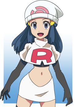 1girl absurdres beanie black_gloves blue_eyes blue_hair cosplay crop_top dawn_(pokemon) elbow_gloves gloves hainchu hair_ornament hairclip hat highres jessie_(pokemon) jessie_(pokemon)_(cosplay) long_hair looking_at_viewer midriff miniskirt narrow_waist navel nintendo open_mouth pokemon pokemon_(anime) pokemon_dppt_(anime) skirt smile solo stomach team_rocket team_rocket_uniform white_crop_top white_hat white_skirt