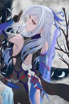 commentary english_commentary highres honkai:_star_rail honkai_(series) jingliu_(honkai:_star_rail) lightsong mihoyo moon non-web_source original red_eyes tree white_hair