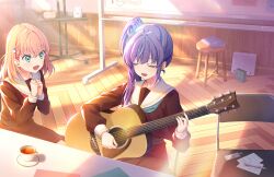 Rule 34 | :d, acoustic guitar, aqua eyes, aqua neckerchief, bag, bookmark, brown dress, camera, clenched hands, closed eyes, clubroom, crossed bangs, cup, dress, flower, game cg, guitar, hair bun, hair flower, hair ornament, hasu no sora school uniform, highres, hinoshita kaho, holding, holding guitar, holding instrument, holding plectrum, in-universe location, instrument, lens flare, link! like! love live!, lone nape hair, long hair, long sleeves, looking at another, love live!, mechanical pencil, medium dress, medium hair, music, neckerchief, official art, on chair, open mouth, orange hair, otomune kozue, own hands together, paper, paper bag, pencil, photo album, playing guitar, playing instrument, pleated dress, plectrum, purple hair, rabbit hair ornament, red flower, red neckerchief, sailor collar, sailor dress, saucer, school uniform, side ponytail, sidelocks, single side bun, sitting, smile, tea, teacup, teeth, third-party source, two side up, u u, upper teeth only, virtual youtuber, white sailor collar, winter uniform