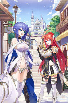 2girls absurdres armor bare_shoulders black_gloves black_shirt blue_eyes blue_hair blue_sky boobplate boots breastplate breasts brooch castle cloud commentary_request commission dress elbow_gloves elf european_architecture fantasy fingerless_gloves gloves hat highres holding holding_unworn_clothes holding_unworn_hat jewelry large_breasts long_hair medieval multiple_girls mytea_(soso) navel open_mouth original panties pauldrons pointy_ears red_hair revealing_clothes shirt shoulder_armor side_ponytail skeb_commission skirt sky sleeveless sleeveless_shirt stairs sword thigh_boots thighhighs underwear unworn_hat unworn_headwear weapon white_boots white_dress white_gloves white_hat white_panties white_skirt white_thighhighs