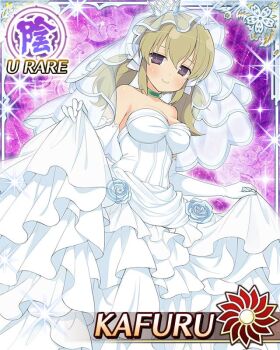1girl blonde_hair border breasts bridal_veil bride card_(medium) character_name choker closed_mouth crown curtsey dress elbow_gloves game_cg gloves green_choker hair_ornament kafuru_(senran_kagura) lifting_own_clothes light_blush looking_at_viewer low_twintails medium_breasts medium_hair mini_crown official_art purple_eyes senran_kagura senran_kagura_new_wave short_twintails skirt_hold smile solo strapless strapless_dress twintails veil wedding wedding_dress white_dress white_gloves yellow_pupils