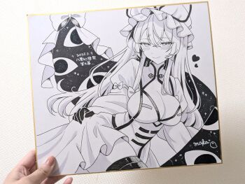 1girl blush breasts cleavage dress greyscale hat highres large_breasts looking_at_viewer maka_(user_rryf2748) mob_cap monochrome photo_(medium) portal_(object) shikishi simple_background smile solo touhou traditional_media white_background yakumo_yukari