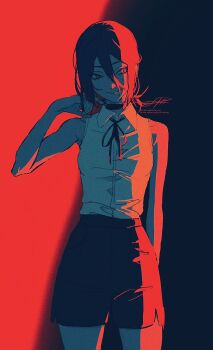 1girl black_choker black_ribbon chainsaw_man choker grenade_pin hair_between_eyes highres neck_ribbon pull_cord reze_(chainsaw_man) ribbon shirt skirt sleeveless sleeveless_shirt solo urkt_10