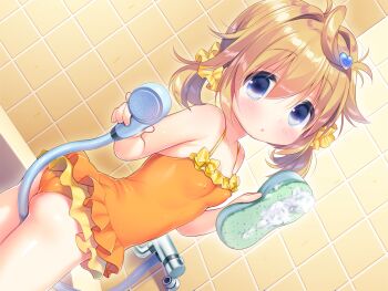 1girl ass bathroom blonde_hair blue_eyes blush breasts chishima_mako collarbone covered_erect_nipples cowboy_shot dutch_angle game_cg hair_between_eyes holding holding_shower_head holding_sponge indoors loli medium_hair non-web_source one-piece_swimsuit orange_one-piece_swimsuit parted_lips piyodera_mucha shower_head small_breasts solo soushisouai_lolita_no_seikatsu sponge swimsuit tile_wall tiles variant_set