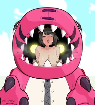 1girl ahegao breasts claws digimon digimon_(creature) digimon_story:_time_stranger extyrannomon_(digimon) eyewear_on_head glowing glowing_eyes highres huge_breasts implied_sex maho_malice mascot_costume open_mouth sharp_teeth steaming_body sweat teeth tongue tongue_out yuuki_kanan zipper zipper_pull_tab