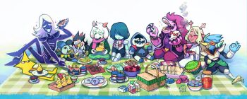 1other 2girls 6+boys absurdres antlers beak berdly_(dark_world)_(deltarune) berdly_(deltarune) burger cookie cup cupcake deltarune eating food furry furry_female furry_male glasses goat_horns heterochromatic_eyewear highres horns jevil juice_box ketrindarkdragon kris_(dark_world)_(deltarune) kris_(deltarune) lancer_(deltarune) monster_boy monster_girl multiple_boys multiple_girls noelle_holiday noelle_holiday_(dark_world) picnic picnic_basket ralsei reindeer_antlers rouxls_kaard sandwich sharp_teeth sitting smile spamton_g._spamton susie_(dark_world)_(deltarune) susie_(deltarune) teacup teeth tinted_eyewear utdr_(toby_fox)