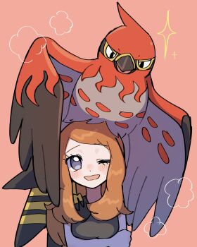 1girl arms_under_breasts beak bird black_shirt blonde_hair blue_eyes blush breasts gen_6_pokemon highres long_hair looking_at_viewer nintendo on_head one_eye_closed open_mouth pitorigoto pokemon pokemon_(creature) pokemon_on_head pokemon_xy serena_(pokemon) shirt sleeveless sleeveless_shirt smile star_(symbol) tail talonflame wings