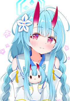 1girl bare_shoulders blue_archive blue_hair blue_halo blush braid character_doll chise_(blue_archive) closed_mouth demon_horns doll flower hair_flower hair_ornament halo horns red_eyes skin-covered_horns solo taichi twin_braids white_background