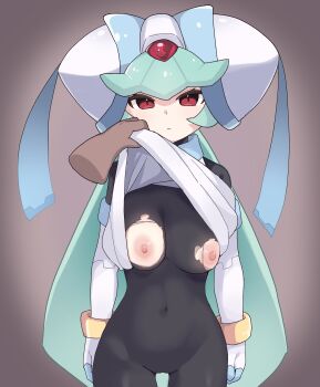 1girl black_bodysuit bodysuit breasts brown_background clothes_lift cowboy_shot disembodied_hand forehead_jewel green_hair helmet highres large_breasts long_hair mega_man_(series) mega_man_zx model_w_(mega_man) nipples pandora_(mega_man) r_(user_pzzt2437) red_eyes shirt_lift simple_background solo_focus torn_bodysuit torn_clothes white_helmet