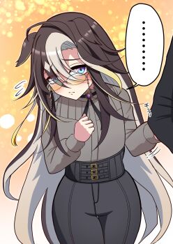 ... 1boy 1girl absurdres animal_ears black_pants blonde_hair blue_eyes brown_hair casual cowboy_shot dream_journey_(casual)_(umamusume) dream_journey_(umamusume) eyewear_strap glasses gradient_hair grey_shirt highres horse_ears horse_girl long_hair long_sleeves looking_at_viewer missan_sun multicolored_hair pants shirt solo solo_focus spoken_ellipsis streaked_hair umamusume white_hair