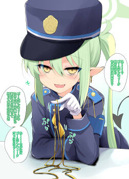 1girl absurdres armband bikini black_hat black_jacket blue_archive blush breasts buttons cropped_jacket demon_tail double-breasted earrings gloves gold_bikini green_hair halo hat highres jacket jewelry long_hair long_sleeves looking_at_viewer nozomi_(blue_archive) open_mouth peaked_cap pointy_ears sen_(astronomy) small_breasts smile speech_bubble swimsuit tail translation_request twintails unworn_bikini very_long_hair white_gloves yellow_eyes