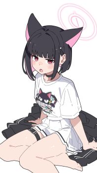 1girl :o animal_ears black_choker black_hair black_jacket blue_archive blush cat_ears choker collarbone colored_inner_animal_ears colored_inner_hair commentary_request group_name hair_ornament hairclip halo hand_on_floor highres jacket kazusa_(band)_(blue_archive) kazusa_(blue_archive) looking_at_viewer mikokomiyazawa multicolored_hair official_alternate_costume on_floor pink_eyes pink_hair pleated_skirt shirt short_hair short_sleeves sidelocks sitting skirt solo unworn_jacket white_background white_shirt white_skirt yokozuwari