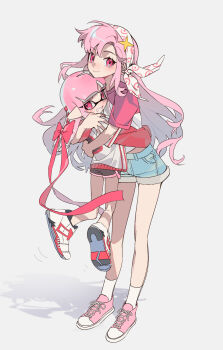2girls ankle_socks arm_around_back arm_around_shoulder arm_around_waist black_shorts blue_shorts bow closed_mouth denim denim_shorts dolphin_shorts grey_background hair_bow headscarf highres hood hood_down hoodie hug hug_carry inkling_girl inkling_player_character jersey long_hair long_sleeves looking_at_viewer looking_back multiple_girls namazuoku nintendo original pink_eyes pink_hair pink_shoes pink_trim pointy_ears red_bow red_hoodie red_sleeves shadow shoes short_shorts shorts sidelocks simple_background smile sneakers socks splatoon_(series) standing tentacle_hair two-tone_shirt white_headscarf white_shoes white_socks