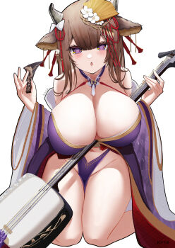 1girl animal_ears azur_lane bare_shoulders breasts brown_hair cleavage commentary_request cow_ears cow_girl cow_horns fan_hair_ornament highres horns huge_breasts instrument japanese_clothes kainines kashino_(azur_lane) kashino_(robust_floral_strings)_(azur_lane) kimono kneeling long_sleeves looking_at_viewer navel official_alternate_costume purple_eyes purple_kimono shamisen simple_background solo undersized_breast_cup white_background wide_sleeves