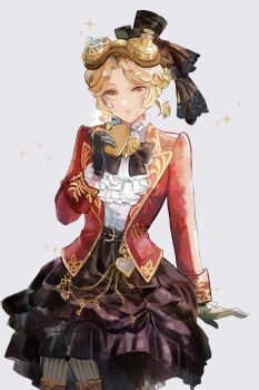 1girl ascot black_bow black_bowtie black_gloves black_skirt blonde_hair bow bowtie braid crown_braid expressionless frilled_ascot frilled_skirt frills gloves goggles goggles_on_head gold_trim hanaochi_pic hat highres identity_v jacket looking_at_viewer mini_hat mini_top_hat official_alternate_costume pantyhose parted_lips red_jacket short_hair short_twintails skirt solo striped_clothes striped_pantyhose top_hat tracy_reznik tracy_reznik_(lockheart) twintails white_ascot yellow_eyes