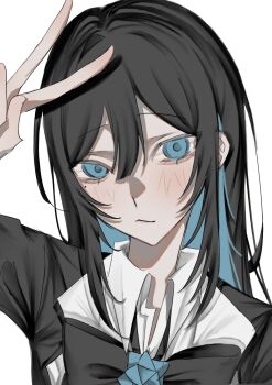 1girl ado_(utaite) aegyo_sal arm_up black_bow black_bowtie black_hair blue_hair blush bow bowtie chando_(ado) closed_mouth collared_shirt colored_inner_hair commentary hair_between_eyes highres long_hair looking_at_viewer mole mole_under_eye multicolored_hair pipipi_co_co shirt simple_background solo upper_body utaite v white_background white_shirt