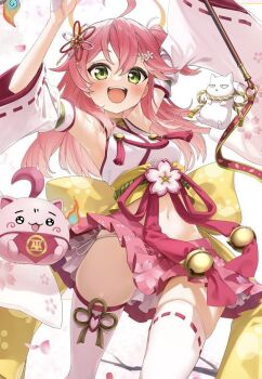 1girl ahoge blush breasts detached_sleeves flower green_eyes hair_flower hair_ornament hakama hololive japanese_clothes kimono kito_koruta large_breasts looking_at_viewer medium_hair open_mouth pink_hair pink_hakama sakura_miko sakura_miko_(1st_costume) smile solo teeth thigh_strap thighhighs upper_teeth_only virtual_youtuber white_kimono white_sleeves white_thighhighs zettai_ryouiki