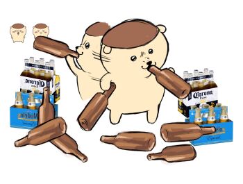 Rule 34 | 1boy, :3, alcohol, animal ears, arm up, beer, beer bottle, black eyes, bottle cap, chibikemo, chiikawa, corona (brand), creature, drinking, garfified, glass bottle, highres, kuri manjuu (chiikawa), modelo (beer), motion lines, reference inset, shirt, simple background, white background, yellow shirt