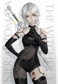 1girl absurdres android artelsia breasts ciri closed_mouth commentary copyright_name flower_tattoo freckles green_eyes hair_between_eyes hand_on_own_hip highres long_hair medium_breasts nier:automata nier_(series) scar scar_on_face smile solo standing sword sword_on_back tattoo the_witcher_(series) the_witcher_3 weapon weapon_on_back white_hair