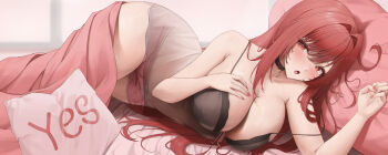 1girl absurdres babydoll bare_arms bed bed_sheet black_babydoll blanket blush breasts bsmage cleavage collarbone commentary dolphin_shorts english_commentary goddess_of_victory:_nikke hair_intakes highres indoors large_breasts lingerie long_hair looking_at_viewer lying on_side open_mouth pillow rapi_(nikke) red_eyes red_hair red_shorts short_shorts shorts sidelocks strap_slip underwear window yes-no_pillow