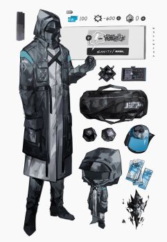 1other ambiguous_gender arknights bag black_gloves black_jacket black_shoes chibi chibi_inset doctor gameplay_mechanics gloves highres hood hood_up hooded_jacket jacket kettle long_sleeves mask open_clothes open_jacket potettoe shoes solo