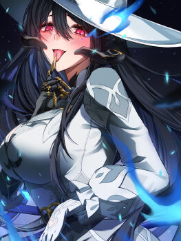 Rule 34 | 1girl, asymmetrical gloves, bad id, bad pixiv id, black gloves, blush, breasts, commentary, constance (honkai: star rail), demon girl, demon horns, dress, english commentary, gloves, hat, highres, honkai: star rail, honkai (series), horns, large breasts, looking at viewer, mismatched gloves, mole, mole under eye, purple eyes, solo, tongue, tongue out, upper body, usagi (taiwan), white dress, white gloves, white hat