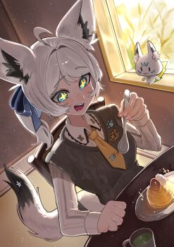 1girl absurdres ahoge animal_ear_fluff animal_ear_piercing animal_ears aqua_eyes breasts brown_sweater chair collared_shirt commentary_request cup dessert drooling earrings food food_request fox_ears fox_girl fox_tail hair_ornament highres holding holding_spoon hololive indoors jewelry long_hair long_sleeves mouth_drool necktie official_alternate_costume official_alternate_hairstyle open_mouth paw_print pentagram shirakami_fubuki shirakami_fubuki_(11th_costume) shirt single_earring sitting spoon star-shaped_pupils star_(symbol) sukonbu_(shirakami_fubuki) sweater symbol-shaped_pupils table tail teeth upper_teeth_only virtual_youtuber white_hair window yellow_necktie yuuppi