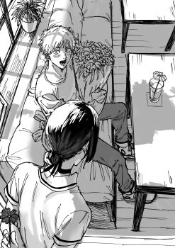 1boy 1girl absurdres bouquet chainsaw_man cup denji_(chainsaw_man) donki_(dnkfuaka1) flower greyscale hair_bun highres holding holding_bouquet holding_flower indoors medium_hair monochrome pants plant potted_plant reze_(chainsaw_man) shirt short_hair table window