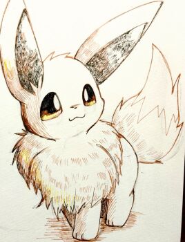 :3 animal_focus brown_eyes closed_mouth commentary_request eevee full_body gen_1_pokemon highres kirin1204 nintendo no_humans pokemon pokemon_(creature) pokemon_focus simple_background smile solo traditional_media white_background