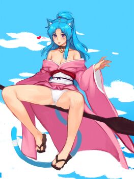 1girl :p animal_ears bad_id bad_pixiv_id bare_legs bell blue_hair blue_sky botan_(yu_yu_hakusho) breasts cat_ears cat_tail cleavage cloud day facial_mark feet female_focus floating full_body heart highres japanese_clothes jingle_bell kimono legs long_hair long_sleeves looking_at_viewer oar panties pantyshot ponytail purple_eyes sitting sky slippers slit_pupils solo spread_legs sunna_(nilsunna) tail tongue tongue_out underwear whisker_markings white_panties wide_sleeves yuu_yuu_hakusho