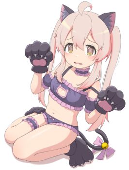 1girl @_@ absurdres ahoge animal_ears animal_hands bad_id bad_pixiv_id bell bow brown_eyes cat_ears cat_girl cat_lingerie cat_tail choker claws collarbone commentary detached_sleeves fake_claws flat_chest frilled_choker frilled_thigh_strap frills full_body gloves hair_between_eyes highres light_blush lingerie loli long_sleeves looking_at_viewer mooramango navel off_shoulder onii-chan_wa_oshimai! open_mouth oyama_mahiro paw_gloves paw_pose paw_shoes pink_hair puffy_short_sleeves puffy_sleeves raised_inner_eyebrows short_sleeves simple_background sitting solo stomach tail tail_bell tail_bow tail_ornament tareme thigh_strap twintails underwear wavy_mouth white_background
