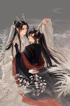 Rule 34 | 2boys, aki uzuzame, animal ears, bishounen, black bridal gauntlets, black hair, black hanfu, branch, bridal gauntlets, chinese clothes, closed mouth, commentary request, couple, dancing, dragon boy, dragon horns, eastern dragon horns, extra ears, eye contact, flower, fox boy, fox ears, fox tail, grey eyes, hair ribbon, hand up, hanfu, headband, height difference, highres, horns, hug, jewelry, kemonomimi mode, kitsune, kyuubi, lan wangji, leaf, lifting own clothes, light particles, long hair, long sleeves, looking at another, male focus, modao zushi, multiple boys, multiple tails, outdoors, plant, pointy ears, ponytail, red ribbon, red sash, red shawl, ribbon, ribboned xiao guan, robe, sash, shawl, sidelocks, smile, smoke, tail, topknot, very long hair, watermark, wei wuxian, white flower, white hanfu, white headband, white ribbon, white shawl, wide sleeves, xiao guan (headdress), yaoi, yellow eyes