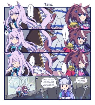 3girls absurdres animal_ears ascot black_jacket black_skirt blue_eyes blush bow bowtie brown_hair capelet closed_eyes collared_shirt dot_nose ear_ribbon english_text epaulettes female_focus frilled_skirt frills gloves glowstick gold_ship_(umamusume) green_bow green_bowtie green_ribbon grey_hair hair_bow hair_ribbon highres holding holding_glowstick holding_microphone horse_ears horse_girl horse_tail jacket juliet_sleeves long_hair long_sleeves mejiro_mcqueen_(frontline_elegance)_(umamusume) mejiro_mcqueen_(umamusume) microphone military_uniform miniskirt mizin_kosutin multicolored_hair multiple_girls music open_mouth pink_ascot pleated_skirt ponytail puffy_sleeves purple_eyes purple_gloves purple_hair purple_sailor_collar purple_serafuku red_capelet ribbon sailor_collar serafuku shirt singing skirt speech_bubble streaked_hair sweat sweatdrop tail teeth tokai_teio_(peak_joy)_(umamusume) tokai_teio_(umamusume) tracen_school_uniform translated two-tone_hair umamusume white_jacket white_skirt white_streaks yuri