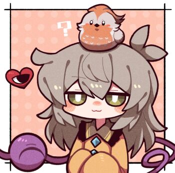 1girl :3 ? animal animal_on_head bird bird_on_head bird_wings black_eyes blush bright_pupils buttons collar collared_shirt diamond_(shape) diamond_button feathered_wings feathers green_collar green_eyes green_hair hair_between_eyes heart komeiji_koishi long_hair long_sleeves looking_at_another nose_blush on_head bad_tag shirt sleeves_past_fingers sleeves_past_wrists smile smug third_eye touhou white_pupils wings yellow_shirt zunusama