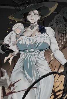 2girls absurdres alcina_dimitrescu artist_name barefoot black_flower black_gloves black_hair black_rose blood blunt_bangs breasts carrying carrying_person child chunk_(resident_evil) cleavage closed_eyes commentary corsage cowboy_shot curvy dress earrings emily_(resident_evil) english_commentary flower flying_sweatdrops gloves hat highres huge_breasts in-franchise_crossover indoors jewelry lipstick long_sleeves looking_at_viewer makeup mature_female motherly multiple_girls necklace orange_eyes pale_skin park_ongjol pearl_earrings pearl_necklace resident_evil resident_evil_requiem rose severed_hand short_hair sun_hat tall_female the_girl_(resident_evil) watermark white_dress white_hair zombie