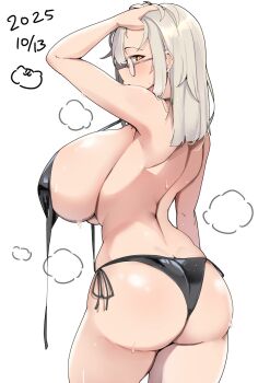 1girl ass back bikini black_bikini blush breasts butt_crack dated from_behind glasses gluteal_fold hand_in_own_hair hand_on_own_head highres huge_breasts looking_back medium_hair nana_(mogs1225) original round_eyewear side-tie_bikini_bottom sideboob solo standing sweat swimsuit untied_bikini_top white_background white_hair yellow_eyes