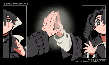 1boy 1girl black_coat black_eyes black_robe cloak coat english_text evercelle hair_between_eyes highres hood hood_up hooded_cloak imminent_hand_holding multiple_scars omniscient_reader&#039;s_viewpoint reaching reaching_towards_another robe scar scar_across_eye scar_on_face scar_on_hand secretive_plotter short_twintails siblings twintails yoo_joonghyuk yoo_mia