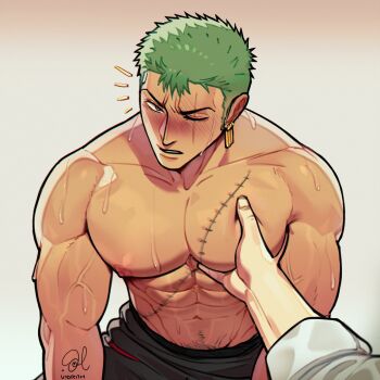 2boys abs artist_collaboration bara black_pants blush broad_shoulders collarbone commentary earrings english_commentary green_eyes green_hair hand_on_another's_chest highres ichibancu jewelry male_focus multiple_boys multiple_earrings navel nipples one_piece out_of_frame pants parted_lips pectorals piercing roronoa_zoro sanji_(one_piece) scar scar_across_eye scar_on_chest scar_on_face shirt short_hair sleeve_cuffs solo_focus sweat topless_male very_short_hair very_sweaty vidrith white_shirt yaoi
