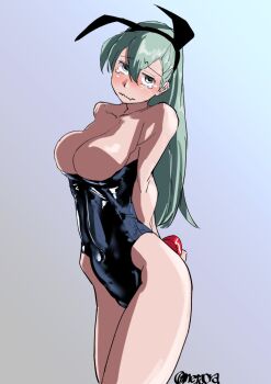 1girl artist_name bare_shoulders black_leotard blush breasts cleavage closed_mouth collarbone female_focus gradient_background green_eyes green_hair groin kantai_collection large_breasts leotard long_hair looking_at_viewer megakura_kinshi playboy_bunny ponytail rabbit_ears simple_background solo standing suzuya_(kancolle) tagme tears
