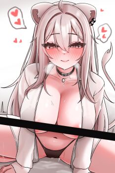 1girl absurdres ahoge alternate_costume animal_ears areola_slip bar_censor black_choker black_panties breasts censored choker cleavage closed_mouth commentary_request heart highres hololive large_breasts lion_ears lion_girl lion_tail looking_at_viewer panties ruo1001 shirt shishiro_botan sidelocks smile solo spoken_heart tail tongue tongue_out underwear virtual_youtuber white_shirt