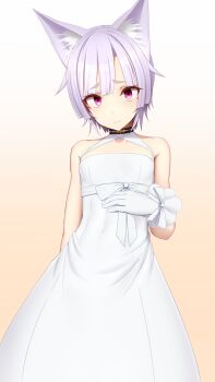 1boy actinium89 animal_ears character_request choker commission concon-collector crossdressing crossdressing_(mtf) dress gloves gradient_background highres looking_at_viewer magenta_eyes pink_eyes purple_eyes purple_hair short_hair simple_background skeb_commission sleeveless solo wedding_dress white_background white_dress white_gloves yellow_background