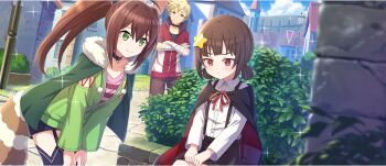 1boy 2girls :t bandaged_arm bandages black_choker black_cloak black_shirt black_shorts black_skirt black_thighhighs blonde_hair breasts brown_hair building bush cape child choker cloak closed_mouth collarbone collared_shirt crossed_arms day dress_shirt dust_(konosuba) game_cg garter_straps green_cape green_eyes green_jacket hair_between_eyes hair_ornament hair_tie hairpin highres jacket komekko kono_subarashii_sekai_ni_shukufuku_wo! konosuba!_fantastic_days lean_(konosuba) leaning_forward long_hair long_sleeves looking_at_another miniskirt multiple_girls official_art outdoors partially_unzipped patchwork_clothes pink_shirt pleated_skirt ponytail pout raccoon_tail red_eyes red_jacket red_ribbon ribbon road shirt short-sleeved_jacket short_hair short_shorts short_sleeves short_twintails shorts sidelocks sitting skirt small_breasts smile sparkle standing star_(symbol) star_hair_ornament street striped_clothes striped_shirt sunlight suspender_skirt suspenders tail thighhighs twintails v-shaped_eyebrows white_shirt