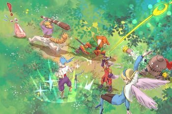 ! 3boys 3girls angel_wings battle black_hair breath_of_fire breath_of_fire_iv bun_cover commentary_request cray_(breath_of_fire) day dress ershin eyeshadow feathered_wings flying furry furry_male gloves grass gun hair_bun hairband higashikeisuke9 highres holding holding_gun holding_weapon jewelry makeup monster multiple_boys multiple_girls necklace nina_(breath_of_fire_iv) open_mouth outdoors pantyhose rocket_punch ryu_(breath_of_fire_iv) scias short_dress short_hair single_hair_bun sword ursula_(breath_of_fire) very_short_hair weapon white_wings wings