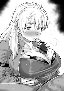 1boy 1girl absurdres ahoge bar_censor blush bra breasts breasts_squeezed_together censored cleavage collarbone crop_top dorohedoro erection greyscale highres jacket kaiman_garupan large_breasts large_penis long_hair long_sleeves looking_at_penis monochrome nikaidou_(dorohedoro) no_pupils nose_blush open_clothes open_jacket paizuri paizuri_under_clothes parted_lips penis sweat twitching_penis underwear unzipped white_background