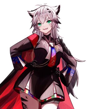 1girl animal_ears arknights black_dress black_gloves cape commentary cowboy_shot dress gloves green_eyes grey_hair hair_between_eyes hair_ornament hairclip hands_on_own_hips highres lappland_(arknights) lappland_the_decadenza_(arknights) long_hair long_sleeves looking_at_viewer material_growth open_mouth oripathy_lesion_(arknights) red_cape short_dress simple_background smile solo standing white_background wolf_ears wolf_girl yoi_(a27963244)