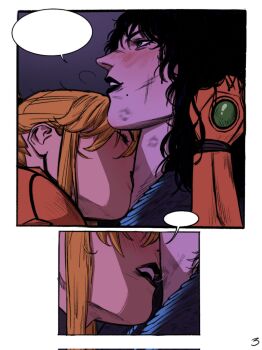 2girls black_lips blonde_hair blue_eyes blush dark_samus helmet highres holding holding_own_hair kiss kissing_neck lipstick lipstick_mark lipstick_smear makeup metroid metroid_prime_3:_corruption mole mole_under_mouth multiple_girls nintendo ponytail saliva saliva_trail samus_aran scubaby selfcest unworn_headwear unworn_helmet yuri