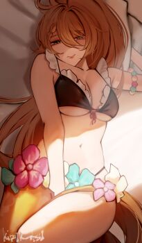 1girl absurdres arm_behind_head between_legs bikini black_bikini blonde_hair blue_eyes blush braid breasts commentary english_commentary flower_skirt frilled_bikini frills front-tie_bikini_top front-tie_top g36_(50_days_with_g36)_(girls'_frontline) g36_(girls'_frontline) girls'_frontline hair_between_eyes half-closed_eyes hand_between_legs highres kirukatsu long_hair looking_at_viewer looking_down medium_breasts nude orange_skirt ponytail single_braid skirt solo swimsuit very_long_hair
