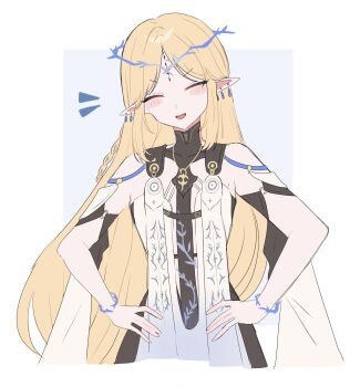 1girl bare_shoulders black_dress blonde_hair border cartethyia_(wuthering_waves) commentary dress earrings facing_viewer fleur-de-lis hands_on_own_hips highres jewelry light_blush long_hair multiple_earrings necklace parted_bangs pointy_ears purple_background sidelocks smile solo soyogi_nrso tacet_mark_(wuthering_waves) upper_body white_border wuthering_waves